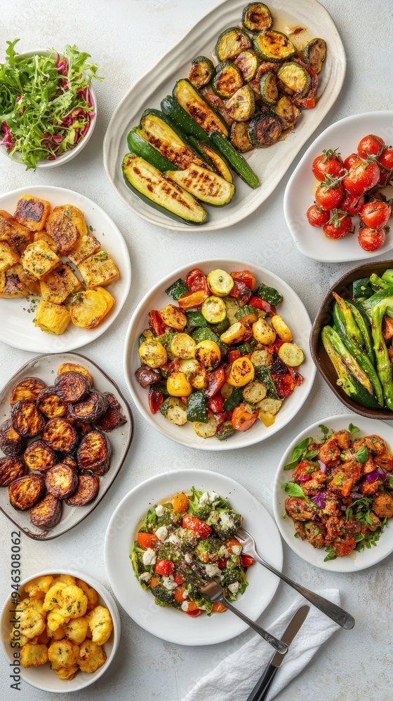 A colorful flat lay displays various delicious vegetable dishes, highlighting fresh ingredients suitable for a healthy meal A colorful flat lay displays various delicious vegetable dishes, highlighting fresh ingredients suitable for a healthy meal