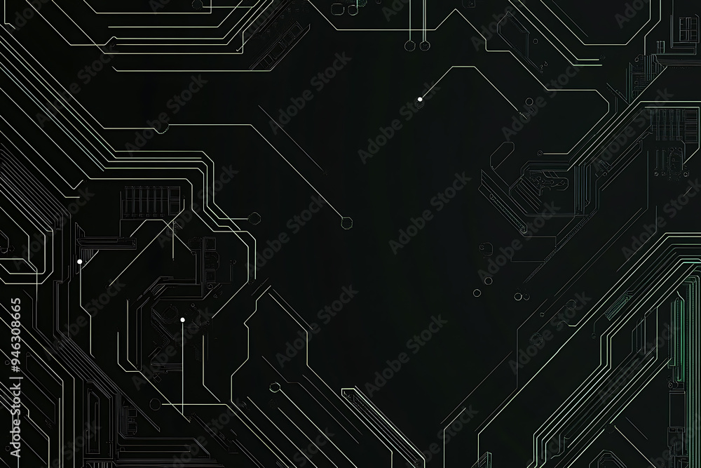 Abstract representation of a circuit board with glowing neon lines and geometric patterns against a dark background. The image evokes a high-tech, futuristic feel with ample copy space Abstract representation of a circuit board with glowing neon lines and geometric patterns against a dark background. The image evokes a high-tech, futuristic feel with ample copy space