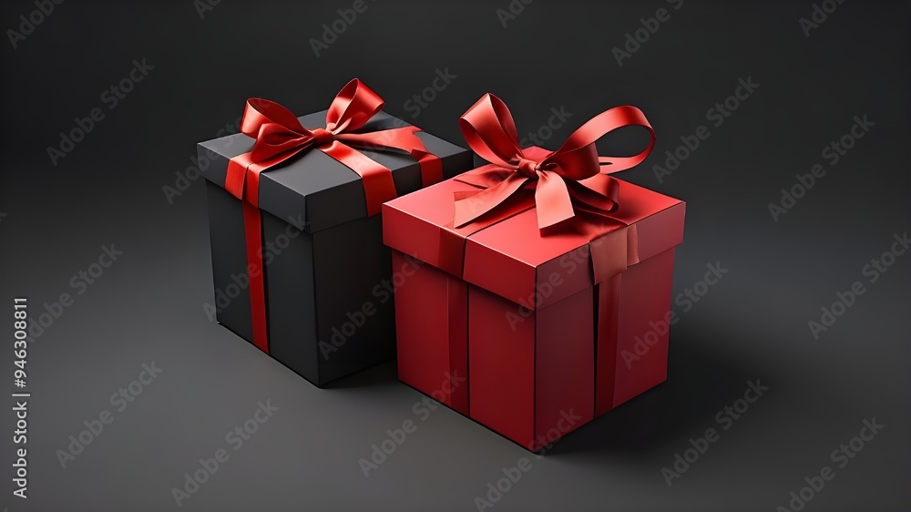 Open or top view of red present box with a red ribbon bow tied, or a blank black gift box, isolated on a dark
background with shadows, minimal conceptual 3D rendering Open or top view of red present box with a red ribbon bow tied, or a blank black gift box, isolated on a dark
background with shadows, minimal conceptual 3D rendering