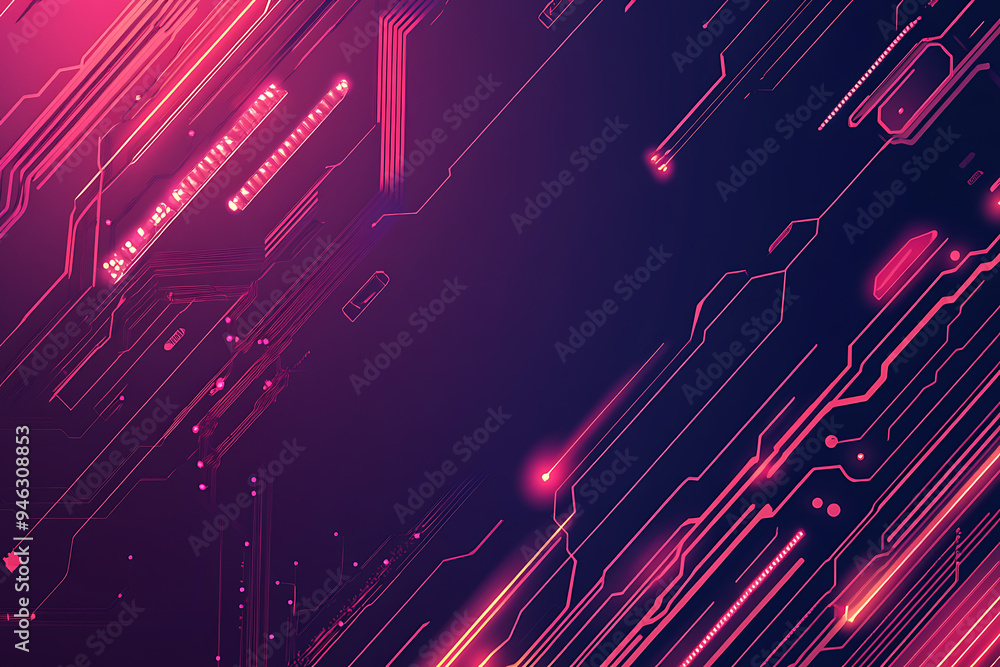 Abstract representation of a circuit board with glowing neon lines and geometric patterns against a dark background. The image evokes a high-tech, futuristic feel with ample copy space Abstract representation of a circuit board with glowing neon lines and geometric patterns against a dark background. The image evokes a high-tech, futuristic feel with ample copy space