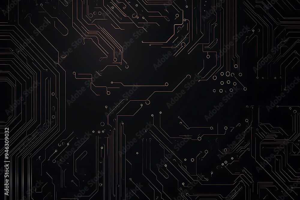 Abstract representation of a circuit board with glowing neon lines and geometric patterns against a dark background. The image evokes a high-tech, futuristic feel with ample copy space Abstract representation of a circuit board with glowing neon lines and geometric patterns against a dark background. The image evokes a high-tech, futuristic feel with ample copy space