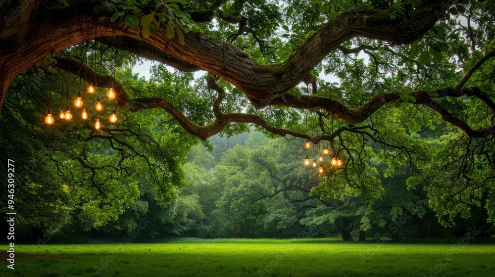 Fairy Lights Hanging From Tree Branch In Lush Forest Fairy Lights Hanging From Tree Branch In Lush Forest