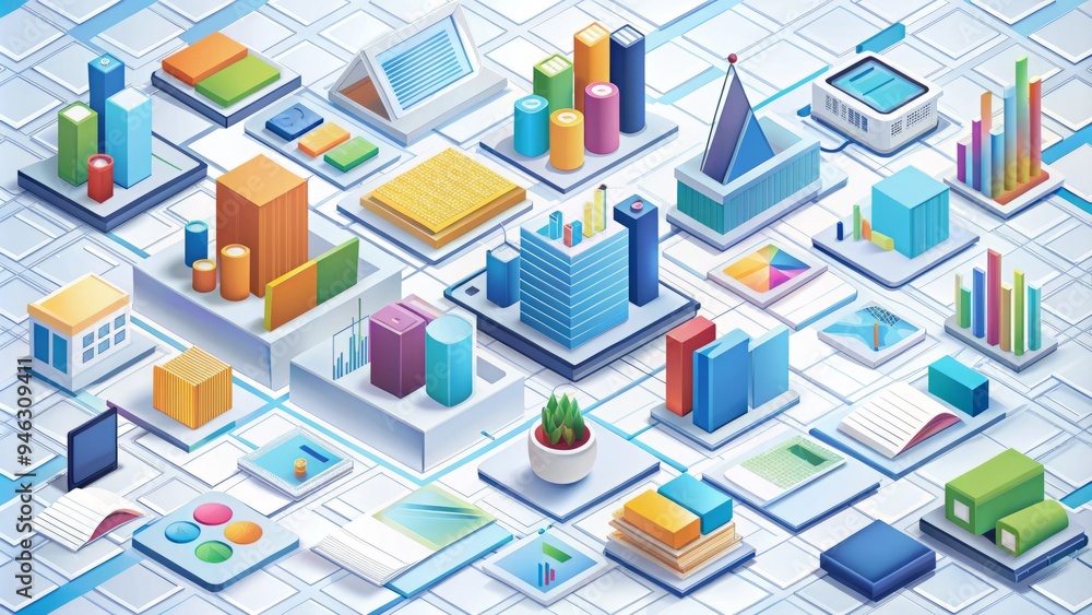Colorful isometric illustration of financial documents and office supplies arranged in a geometric pattern, symbolizing modern business management and organizational efficiency. Colorful isometric illustration of financial documents and office supplies arranged in a geometric pattern, symbolizing modern business management and organizational efficiency.