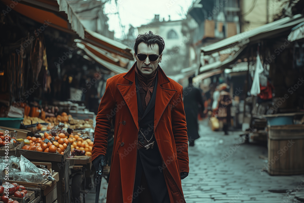 A modern Dracula wandering through a bustling ancient marketplace at dusk, clad in red with a mysterious aura surrounding him A modern Dracula wandering through a bustling ancient marketplace at dusk, clad in red with a mysterious aura surrounding him