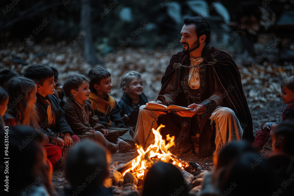 Dracula enchantingly narrates spooky tales to a captivated group of children around a flickering campfire at dusk Dracula enchantingly narrates spooky tales to a captivated group of children around a flickering campfire at dusk