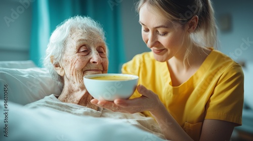 Elderly diabetic patient fed by nurse, Emphasizing gentle care and nutrition management, Warm bedside interaction