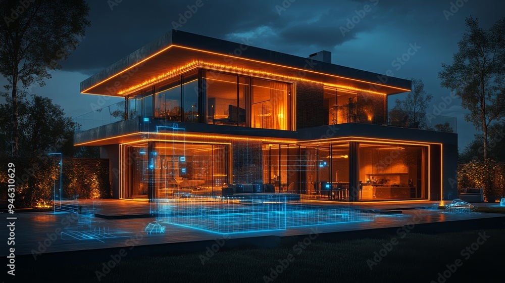 A futuristic holographic interface showcases energy tracking around a sleek, illuminated home as night descends, highlighting advanced technology. A futuristic holographic interface showcases energy tracking around a sleek, illuminated home as night descends, highlighting advanced technology.