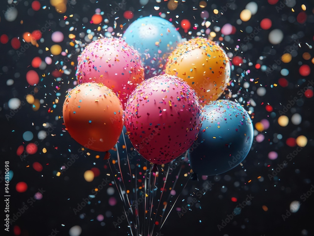 festive party scene with explosion of colorful confetti and balloons against black background dynamic celebratory composition with sense of movement and joy festive party scene with explosion of colorful confetti and balloons against black background dynamic celebratory composition with sense of movement and joy