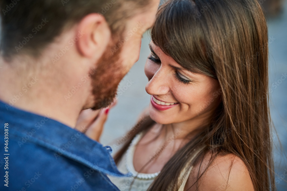 Happy, couple and smile with love in city for romantic date, weekend and outdoor vacation together. Man, woman and care in romance with embrace in connection for honeymoon, adventure and marriage Happy, couple and smile with love in city for romantic date, weekend and outdoor vacation together. Man, woman and care in romance with embrace in connection for honeymoon, adventure and marriage