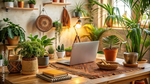 Cozy home office setup with laptop, notebooks, and Indian-inspired decor, surrounded by plants, against a warm and calming background, conveying comfort and productivity. photo