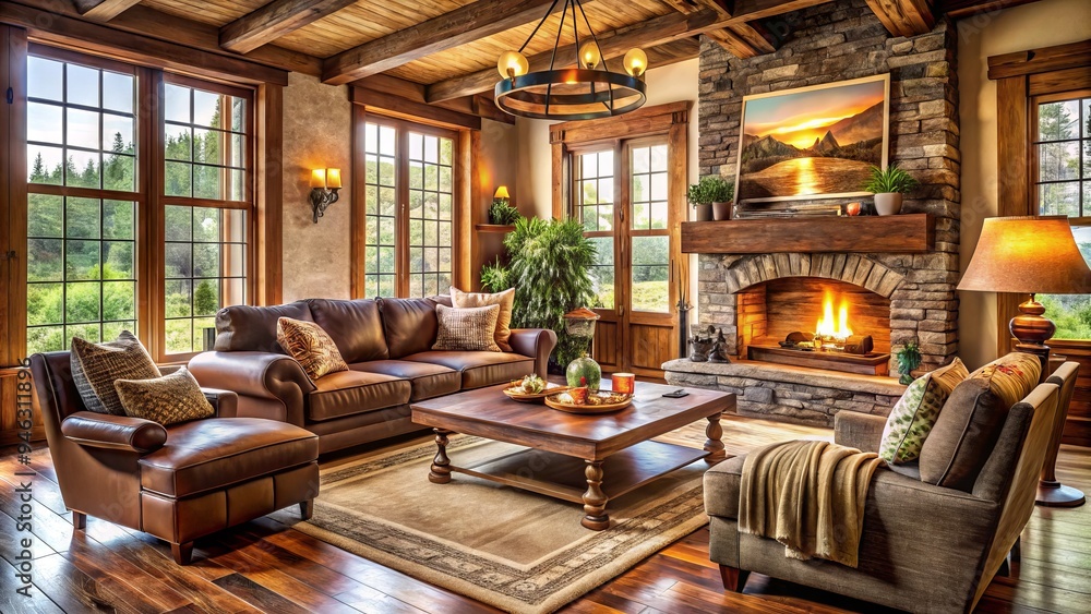 Cozy living room with warm interior decor, plush furnishings, and rustic wooden accents, evoking a sense of inviting comfort and nostalgic charm. Cozy living room with warm interior decor, plush furnishings, and rustic wooden accents, evoking a sense of inviting comfort and nostalgic charm.