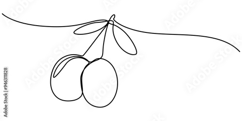 Continuous Line Drawing of Olive Icon. Hand Drawn Symbol Vector Illustration, Olive Brunch Vector Illustration. Fruit, Green, Mediterranean Cuisine, Olive Oil, Aroma, Olive Minimal linear 