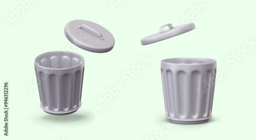 Round metal trash can. Open garbage container with lid. Empty device for household waste