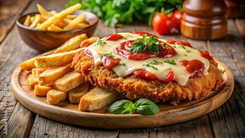 Crispy breaded chicken topped with melted mozzarella cheese and marinara sauce, served with a side of golden fried chips on a rustic wooden plate.