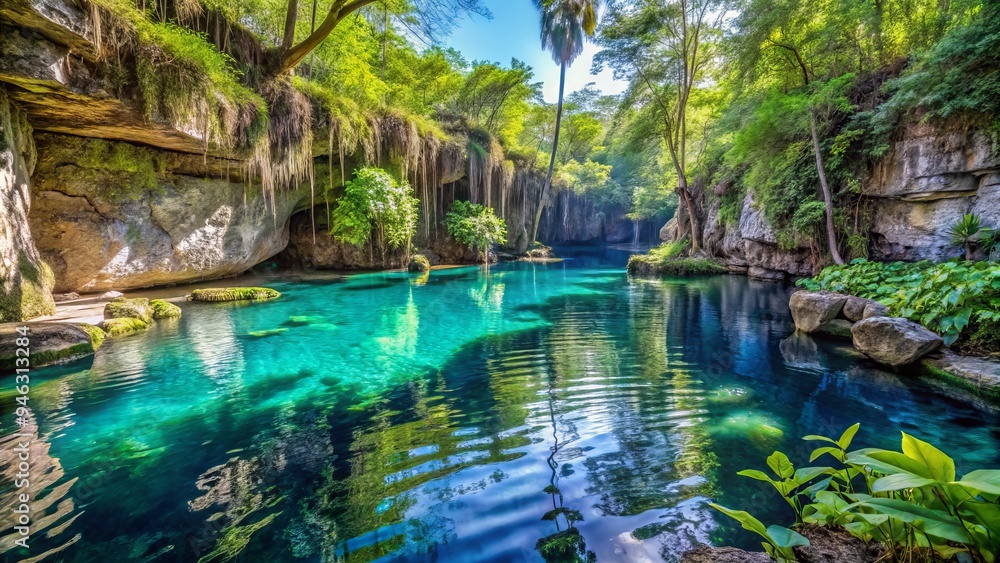 Naklejka premium Crystal-clear turquoise water fills a lush, vine-draped cenote in Mexico's tropical jungle, surrounded by ancient stone walls and vibrant green foliage.