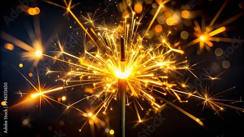 Darkness illuminated by a solitary burning sparkler, its golden sparks dancing across the black background, filling the air with a sense of magic and wonder.