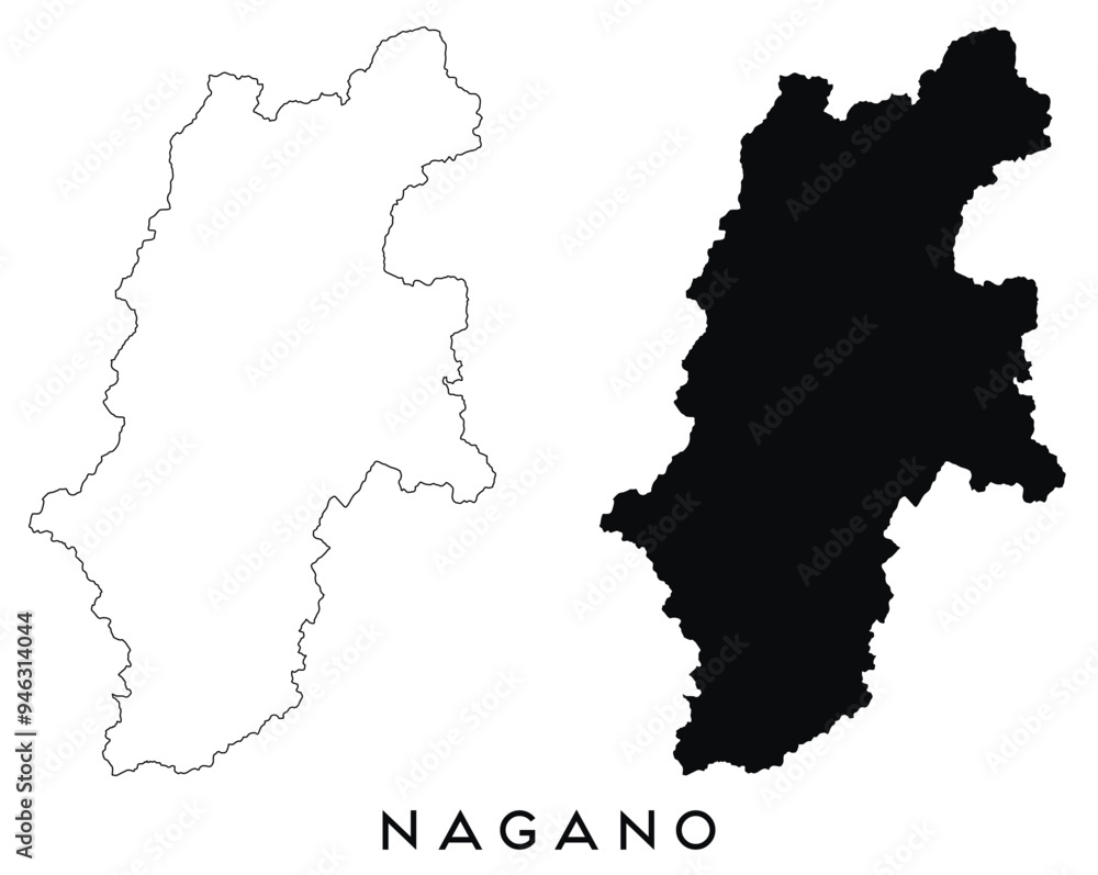 Fototapeta premium Nagano map outline and black silhouette vector