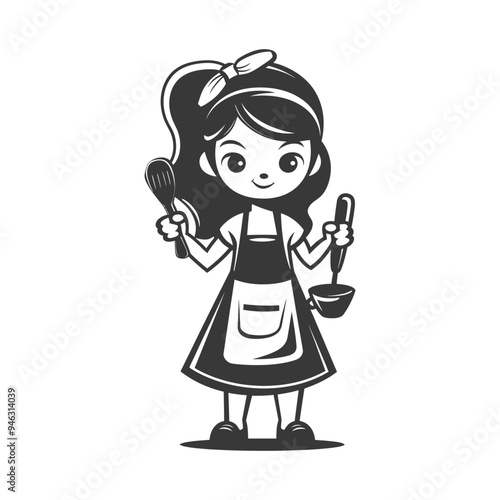 Girl Wearing Apron Holding Cooking Utensils