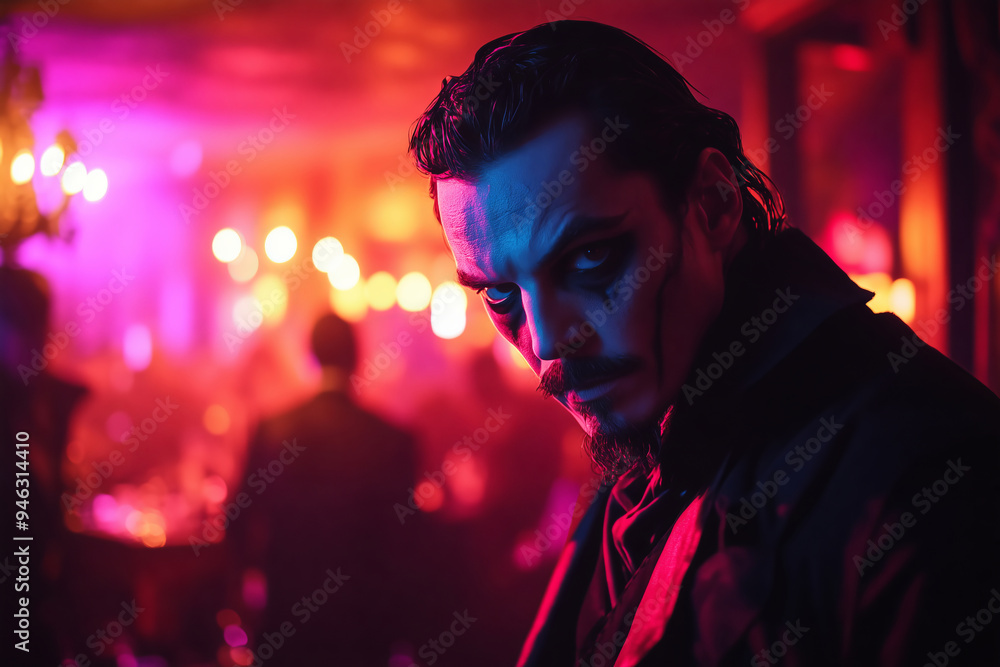 Dracula lurks in a neon-lit nightclub, merging gothic elegance with vibrant nightlife and an eerie atmosphere Dracula lurks in a neon-lit nightclub, merging gothic elegance with vibrant nightlife and an eerie atmosphere