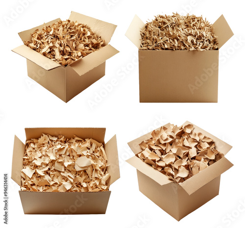 Cardboard boxes filled with wood shavings for packing isolated on transparent background photo