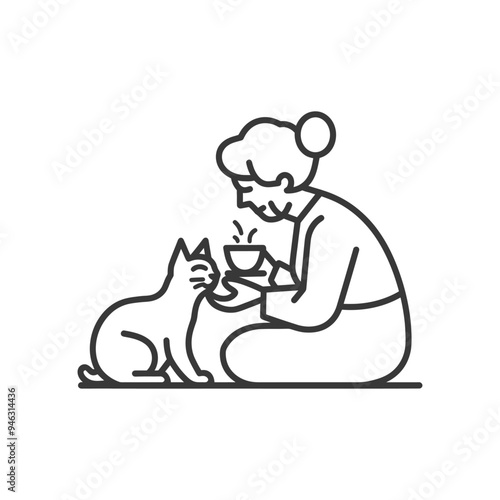 Elderly Woman Holding a Cup and Petting a Cat
