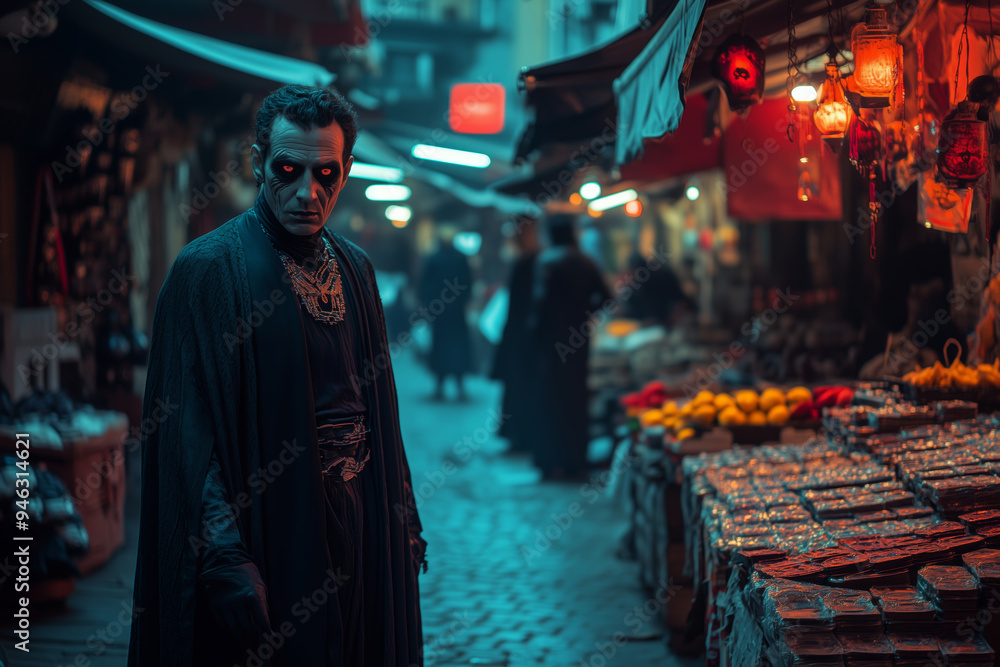 Dracula wanders through a vibrant marketplace at dusk, surrounded by colorful stalls and curious onlookers in a mysterious setting Dracula wanders through a vibrant marketplace at dusk, surrounded by colorful stalls and curious onlookers in a mysterious setting