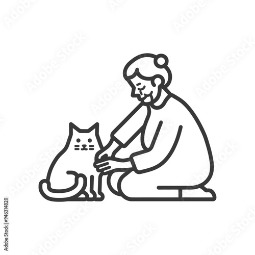 Elderly Woman Kneeling and Petting a Cat