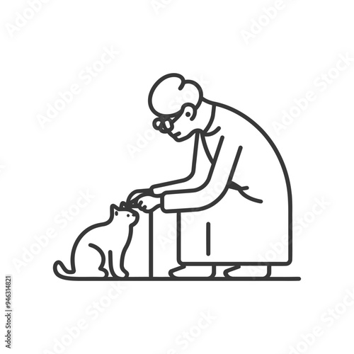 Elderly Woman Petting a Cat with One Hand