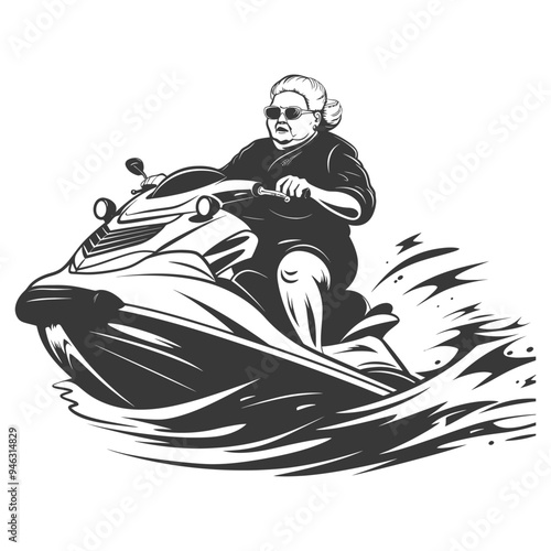 Elderly Woman Riding a Jet Ski on Waves