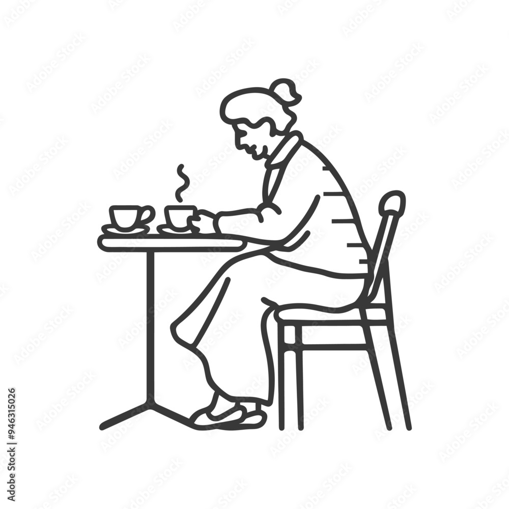 Elderly Woman Sitting at a Table with a Cup of Coffee Elderly Woman Sitting at a Table with a Cup of Coffee