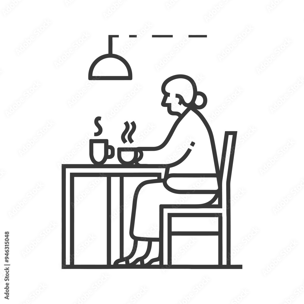 Elderly Woman Sitting at a Table with a Cup of Tea Elderly Woman Sitting at a Table with a Cup of Tea