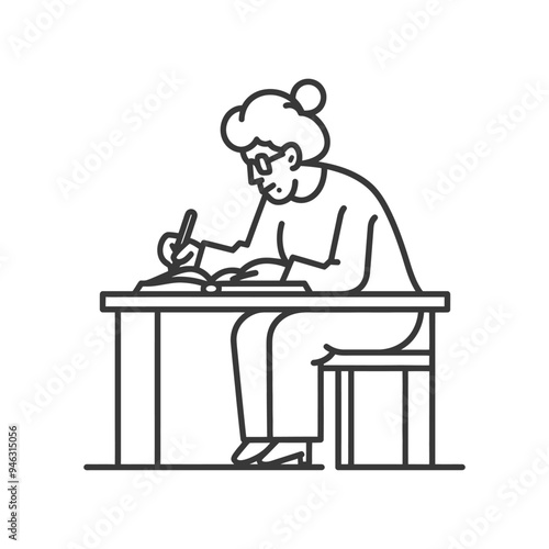 Elderly woman sitting at a desk writing in a notebook