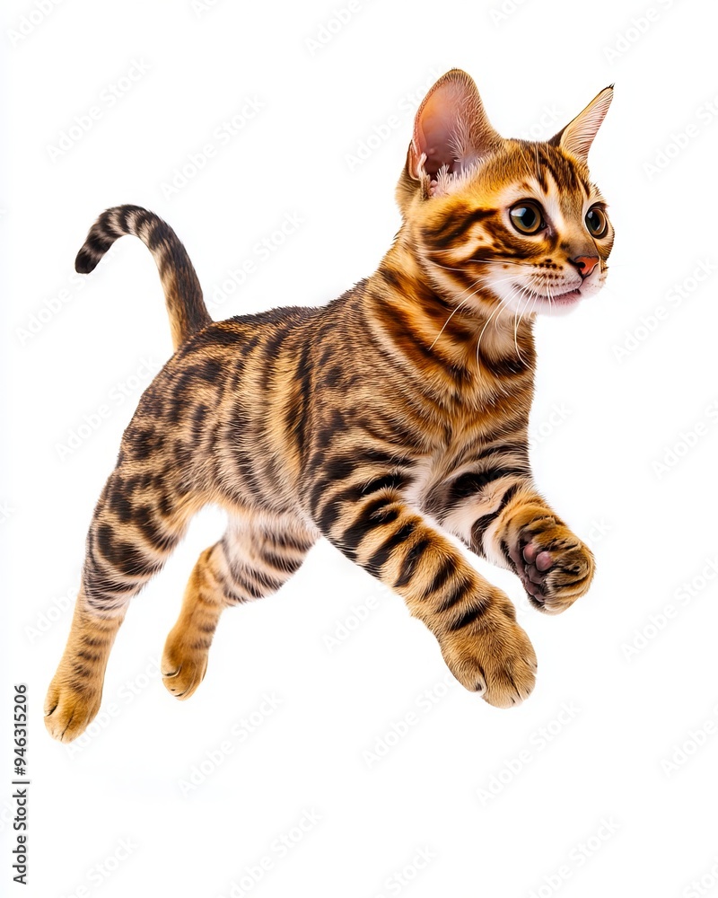 A small brown and black cat running on a white background A small brown and black cat running on a white background