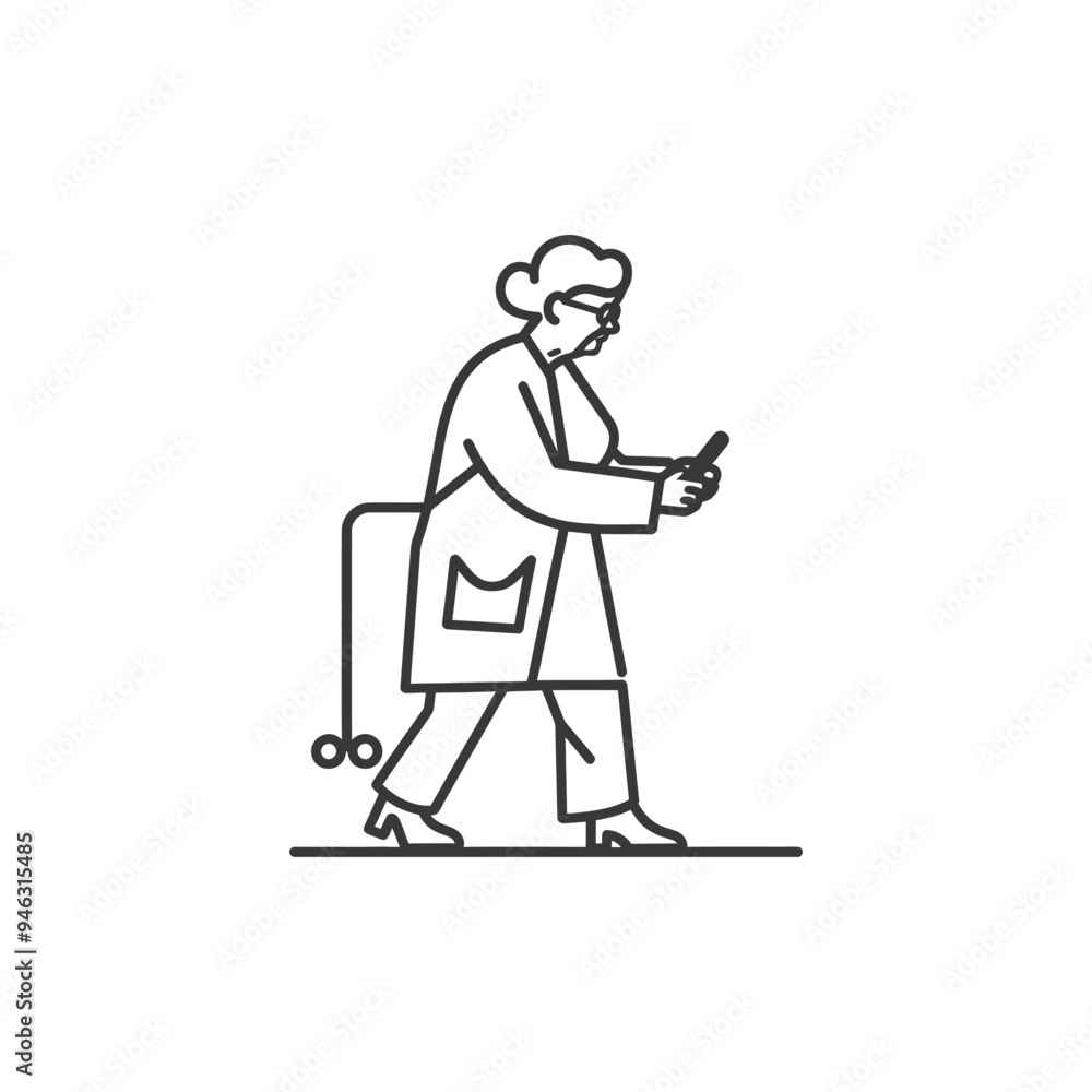 Elderly Woman Walking with a Cane and Using a Smartphone Elderly Woman Walking with a Cane and Using a Smartphone