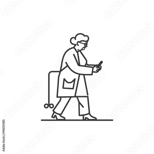 Elderly Woman Walking with a Cane and Using a Smartphone