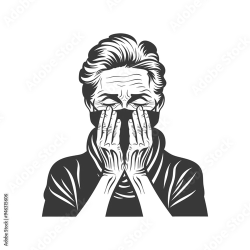 Elderly Woman Wearing a Face Mask and Covering Her Face with Her Hands