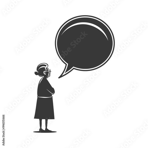 Elderly Woman with Speech Bubble and Crossed Arms