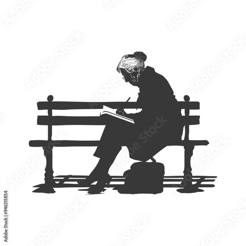 Elderly Woman Writing on a Park Bench