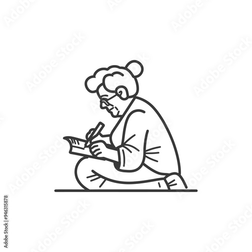 Elderly Woman Writing in Notebook