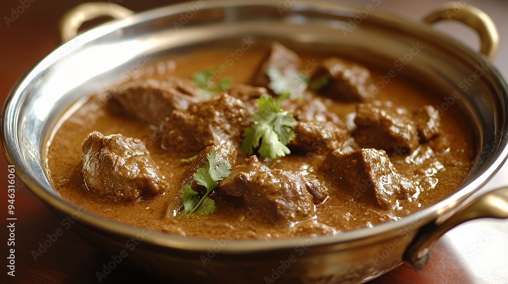 A bowl of rich, savory meat curry garnished with fresh cilantro. A bowl of rich, savory meat curry garnished with fresh cilantro.
