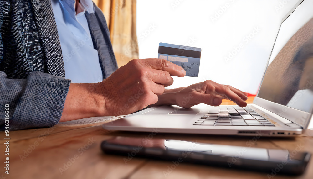 A man is using a laptop to pay for something with a credit card A man is using a laptop to pay for something with a credit card