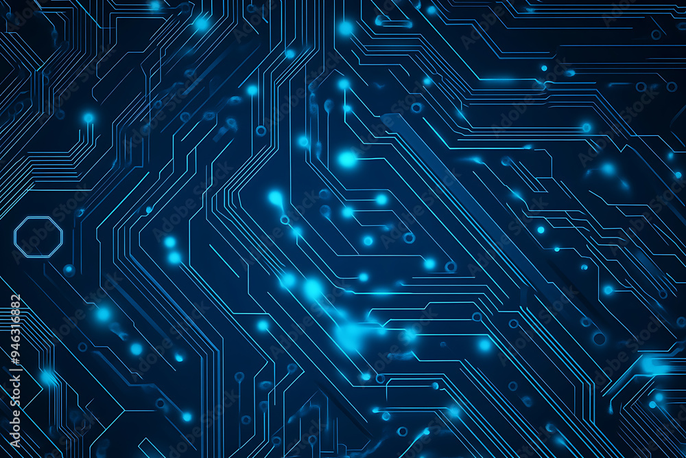 Abstract representation of a circuit board with glowing neon lines and geometric patterns against a dark background. The image evokes a high-tech, futuristic feel with ample copy space Abstract representation of a circuit board with glowing neon lines and geometric patterns against a dark background. The image evokes a high-tech, futuristic feel with ample copy space