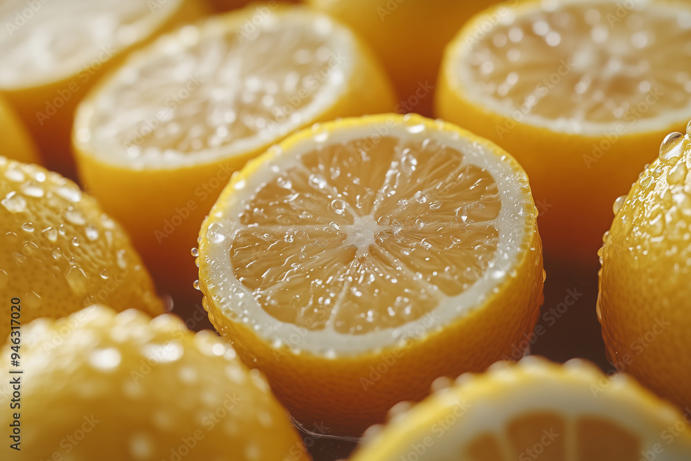 Overhead view of fresh, juicy lemons cut in half, glistening with droplets of water, perfect for vibrant culinary creations Overhead view of fresh, juicy lemons cut in half, glistening with droplets of water, perfect for vibrant culinary creations