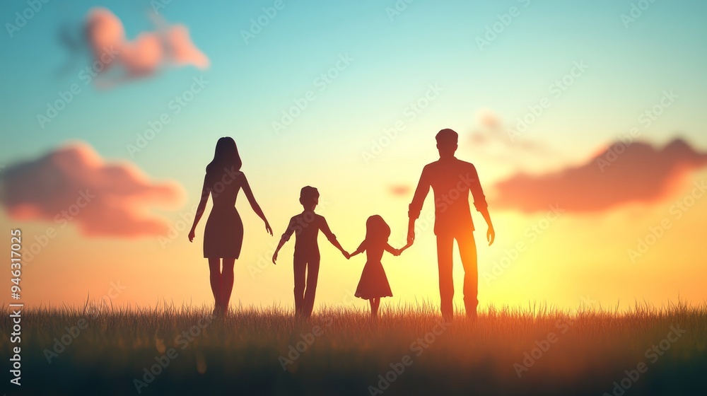 A family of four silhouetted against a vibrant sunset, walking hand-in-hand towards a bright future. A family of four silhouetted against a vibrant sunset, walking hand-in-hand towards a bright future.