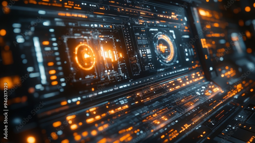 Obraz premium A holographic interface showcases interactive controls and data displays for video editing within a high-tech workspace setting.