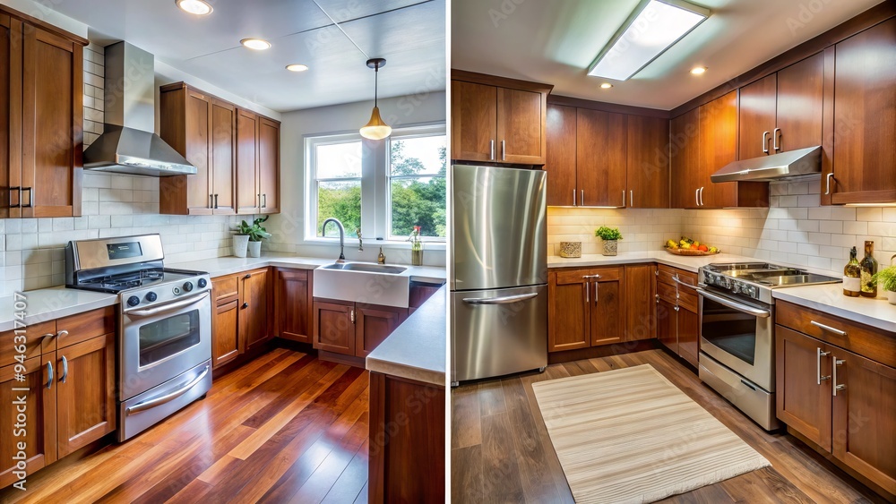 Dramatic before-and-after contrast of a dingy, outdated kitchen transformed into a sleek, modern space with gleaming appliances, rich wood cabinets, and vibrant countertops. Dramatic before-and-after contrast of a dingy, outdated kitchen transformed into a sleek, modern space with gleaming appliances, rich wood cabinets, and vibrant countertops.