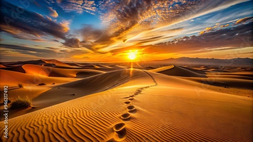 Dramatic orange-hued sunset casts long shadows on vast, rugged sand dunes, with faint tracks leading to a distant, mystery-shrouded horizon in the desert landscape. photo