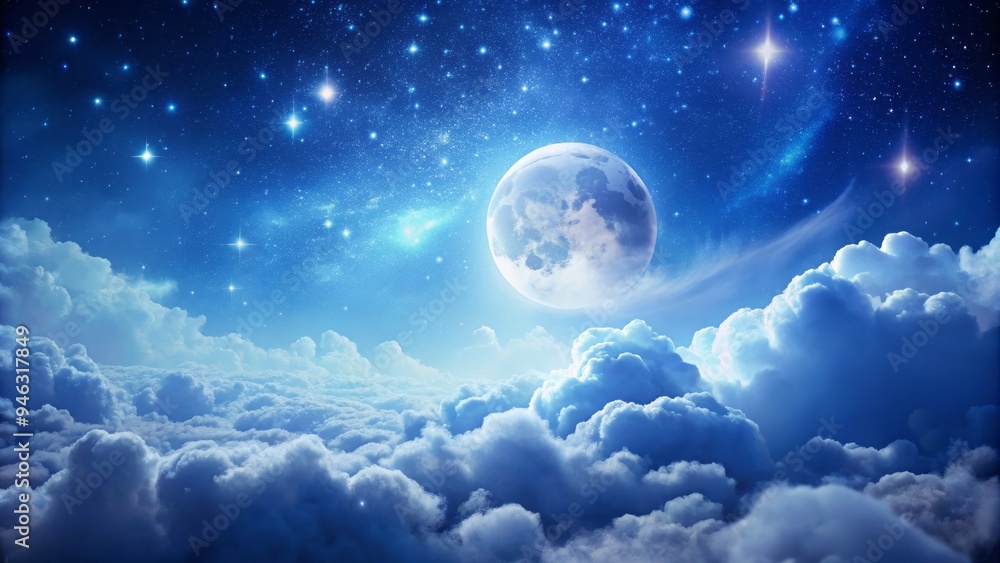 Dreamy night scene featuring a serene moon glowing amidst fluffy white clouds, with a few stars twinkling in the soft, gradient-blue sky. Dreamy night scene featuring a serene moon glowing amidst fluffy white clouds, with a few stars twinkling in the soft, gradient-blue sky.