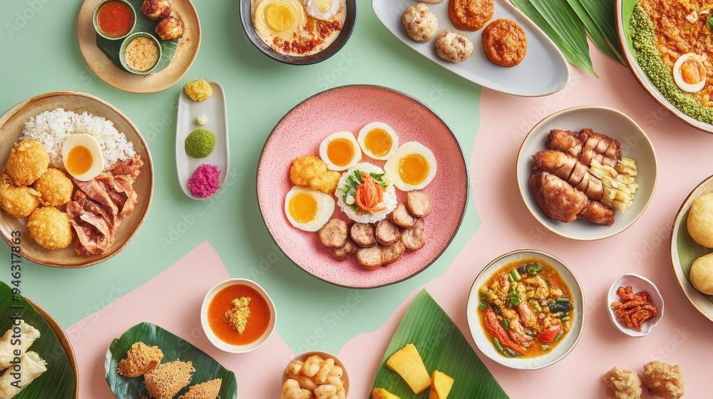 An assortment of traditional Indonesian dishes beautifully arranged, highlighting vibrant colors and diverse flavors An assortment of traditional Indonesian dishes beautifully arranged, highlighting vibrant colors and diverse flavors