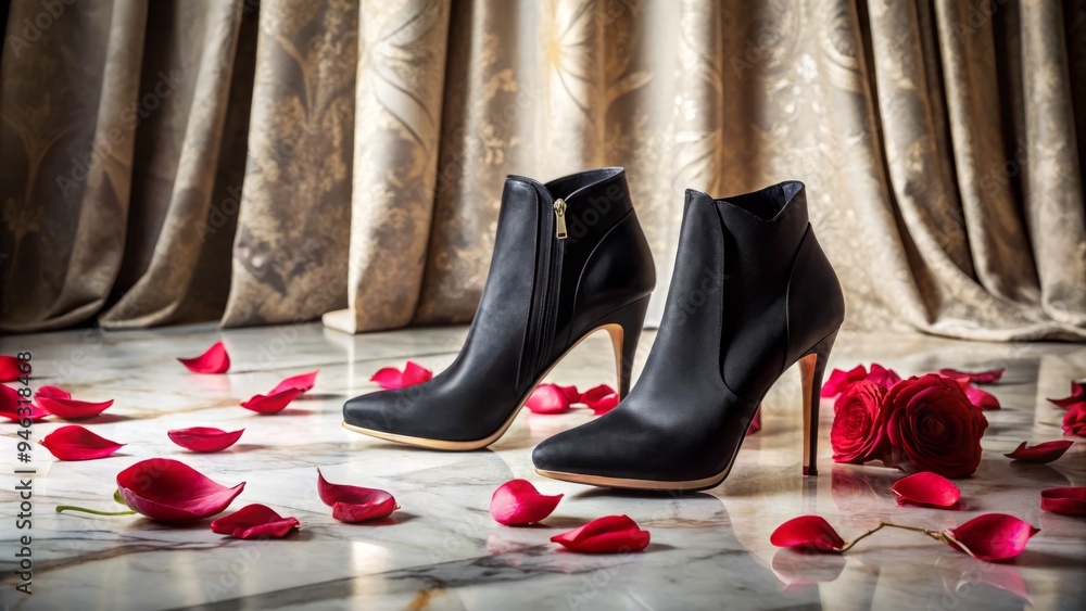 Elegant black high-heeled ankle boots on a marble floor, surrounded by scattered rose petals and velvet drapes, exuding luxury, sophistication, and refined elegance. Elegant black high-heeled ankle boots on a marble floor, surrounded by scattered rose petals and velvet drapes, exuding luxury, sophistication, and refined elegance.